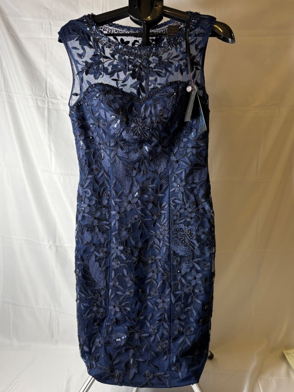 NEW Sue Wong Nocturne Blue Gown Sequins/Beads iIllusion Sheath Dress Sz 8 Formal